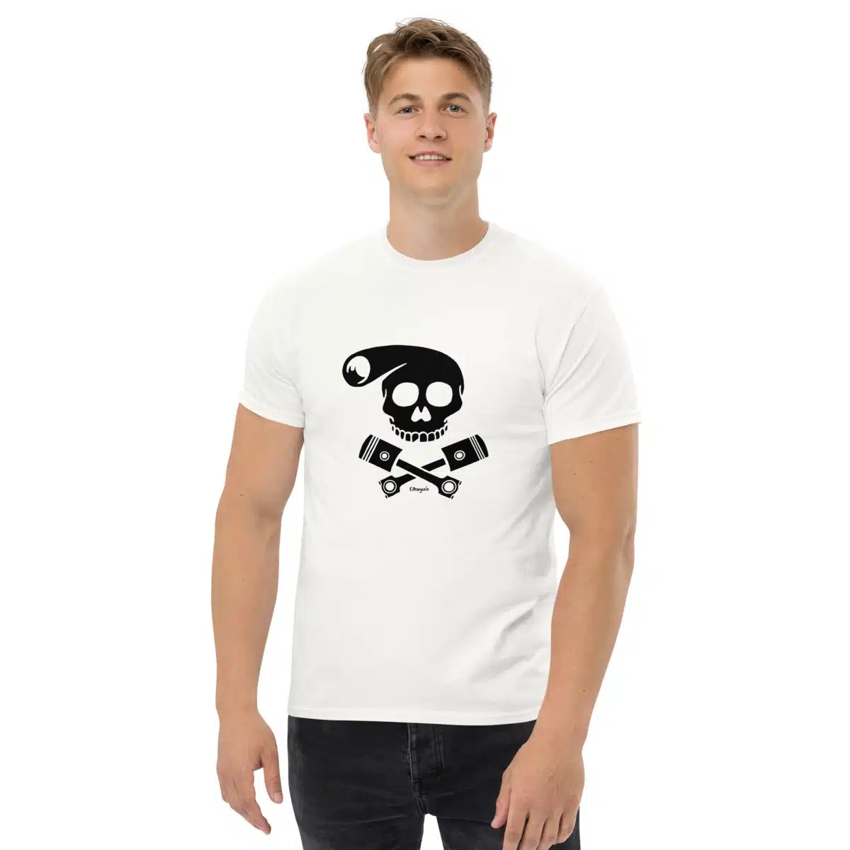 T-shirt Biker Skull de Lucien blanc avec tête de mort stylisée et pistons croisés