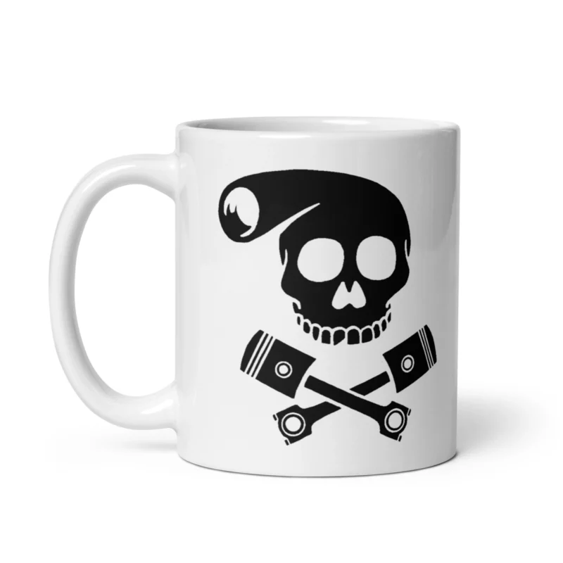 Mug blanc avec un crâne noir style biker (“biker skull”) sur fond blanc, poignée à gauche