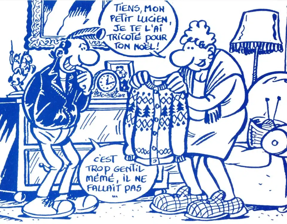 llustration de Lucien recevant un pull-tricot de sa mamie, style BD de Frank Margerin